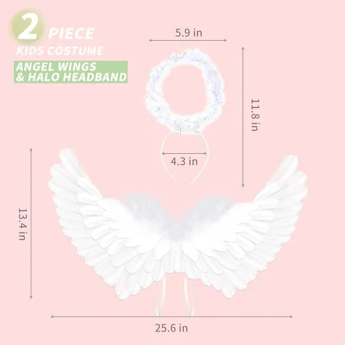 Vista 7 de Alas de ángel blancas y halo para niñas disfraces de alas para niños alas blancas para niños y niños alas de plumas para festivales Halloween