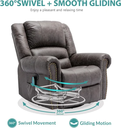 Vista 4 de MEETWARM Sillón reclinable giratorio de masaje con calor y vibración, mecedora manual mecedora, silla reclinable giratoria de 360° con control Gris