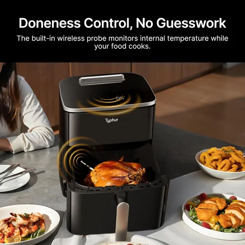 Vista 2 de Typhur Sync 8 QT AI Smart Air Fryer con termómetro inalámbrico integrado Negro+plata+estante de acero inoxidable