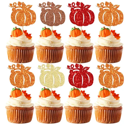 Vista 25 de Gyufise 24 piezas de decoración de cupcakes de calabaza con purpurina para temática de otoño, Acción de Gracias, Halloween, baby shower, niños