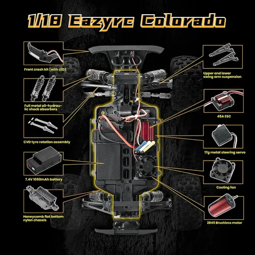 Vista 2 de Eazyrc Colorado RC Monster Truck 4X4, sin escobillas todoterreno con licencia Chevrolet, camión de control remoto recargable de más de 45 KPH