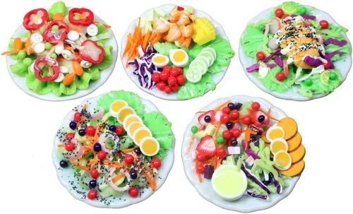 Vista 8 de 5 ensaladas surtidas con plato para casa de muñecas, comida en miniatura, escala 1:6, comida de arcilla realista para casas de muñecas, accesorios