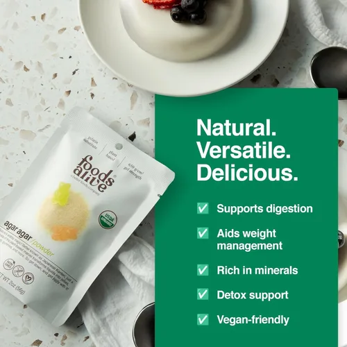 Vista 3 de Foods Alive Polvo de Agar Agar Orgánico 2 oz Gelatina a Base de Plantas Gelatina Kosher Vegano Sin Gluten