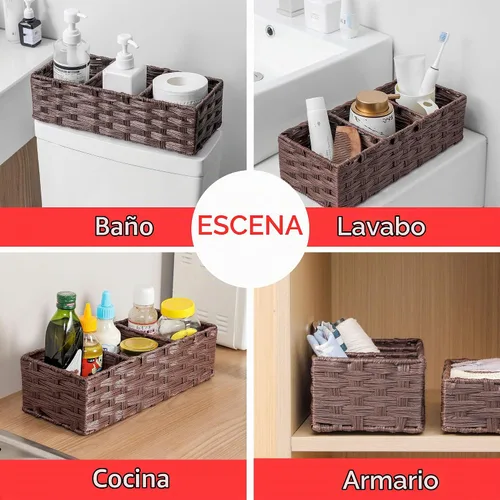 Vista 5 de Cesta de Papel para la Parte Superior del Tanque del Inodoro, Cesta Multiusos de Mimbre de Plástico Tejida a Mano, Contenedores con Divisor