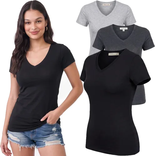 Vista 209 de Emmalise Camiseta de manga corta para mujer, cuello en V, tallas junior y plus