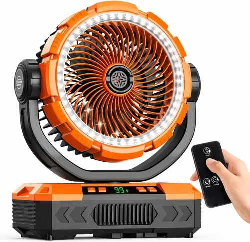 Vista 11 de Ventilador de camping recargable de 9 pulgadas 【Oscilante automático, máximo 60H】Ventilador portátil de 20000 mAh, funciona con pilas, luz Negro