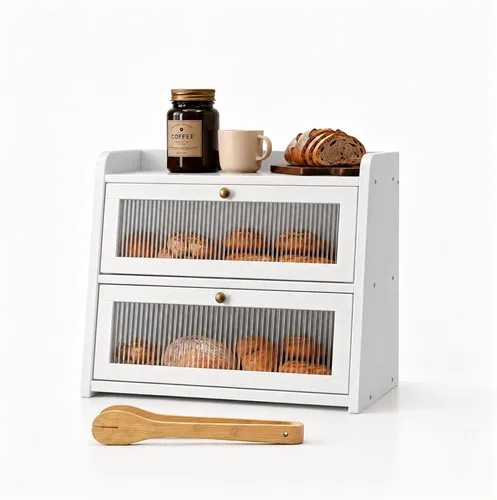 Vista 9 de Panera de bambú grande de doble capa para encimera de cocina, contenedor de almacenamiento de pan de gran capacidad de madera con soporte para pan