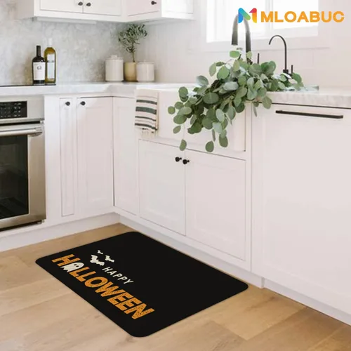 Vista 4 de Mloabuc® Felpudo de Halloween para puerta delantera, fantasma negro, parte trasera de goma antideslizante, diseño de calavera de feliz Halloween