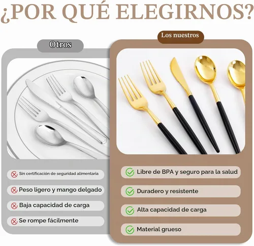 Vista 9 de Supernal 102 cubiertos de plástico dorados, cubiertos dorados con mango negro, colección de cubiertos desechables, incluye 34 tenedores de plástico