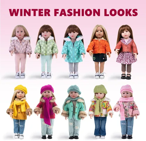 Vista 6 de Rakki Dolli American - Conjunto de ropa para muñeca de 18 pulgadas, set de moda de 5 piezas de abrigo rojo de invierno incluye abrigo cálido