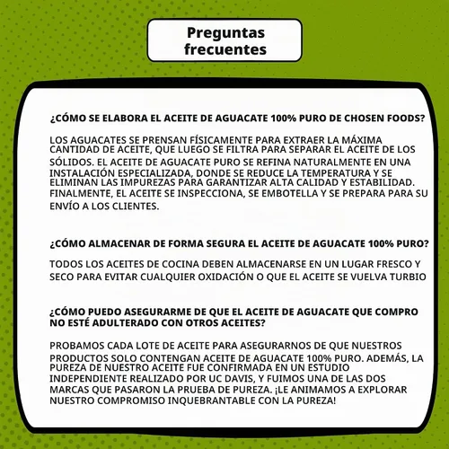 Vista 6 de CHOSEN FOODS Aceite de Aguacate Orgánico, 33.81 FL OZ