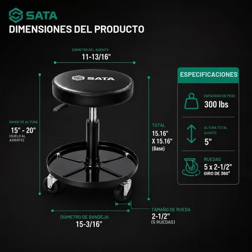 Vista 7 de SATA Taburete ajustable con ruedas, silla mecánica resistente de 300 libras de capacidad, taburete de garaje rodante para trabajo sentado, asiento