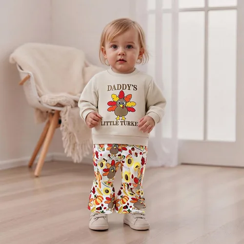 Vista 9 de BemeyourBBs Conjunto de sudadera de manga larga de pavo para niña con pantalones acampanados, ropa de otoño