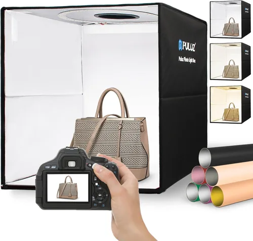 Vista 2 de PULUZ Caja de luz para fotografía, tienda de campaña profesional regulable de 16 x 16 pulgadas + lámpara LED de 15 x 15 pulgadas para fotografía
