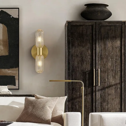 Vista 5 de Aplique de pared de latón cepillado, doble cristal moleteado, bombilla incluida 12.3in 2-Light Hardwired Wall Light,Perfect for Bathroom Living