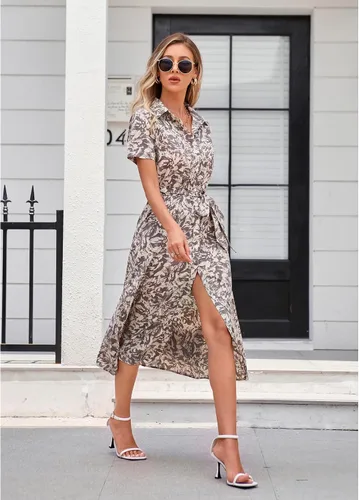 Vista 5 de BROVAVE Vestido camisero de manga corta de verano para mujer, con lazo en la cintura, botones, textura de animales, vestido midi casual