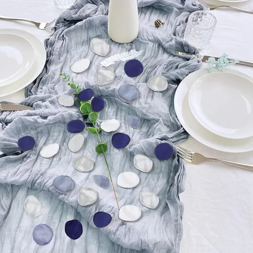 Vista 3 de Emivery Pétalos de rosa de seda, 300 pétalos de flores azul polvoriento, con bolsa de organza, pétalos de dispersión de flores para boda, pasillo