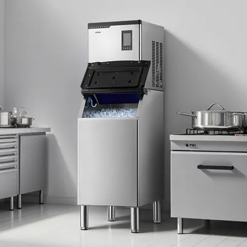 Vista 8 de VEVOR - Máquina comercial para hacer hielo, 136 kg/24 horas, con recipiente de almacenamiento de acero inoxidable de 136 kg, máquina para hacer