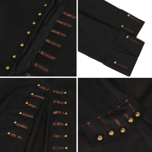 Vista 5 de Chaqueta Abrigo Pirata para Hombres Disfraz Medieval Steampunk Vintage Levita Frac Halloween Pirata Cosplay Negro