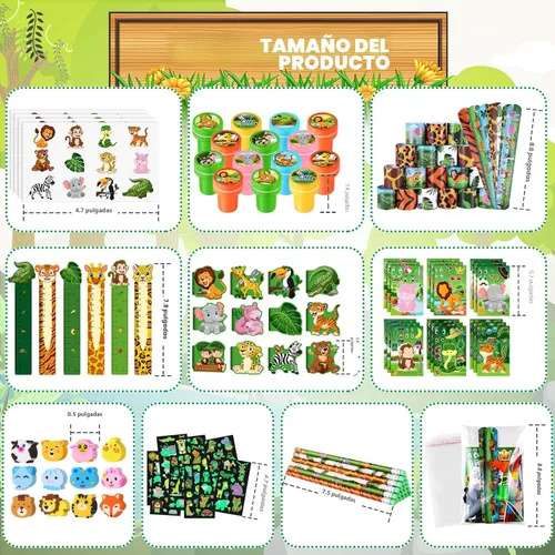 Vista 3 de BenLouis 120Pcs Recuerdos de fiesta de Safari en la jungla, sellos de estampado de animales del zoológico, pulseras de bofetada, juego de papelería