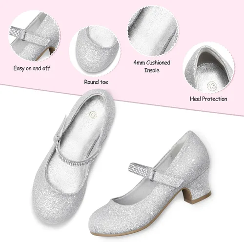 Vista 4 de K KomForme Zapatos Mary Jane para niña con tacón bajo con diamantes de imitación de princesa, zapatos planos de vestir para niños pequeños y niños