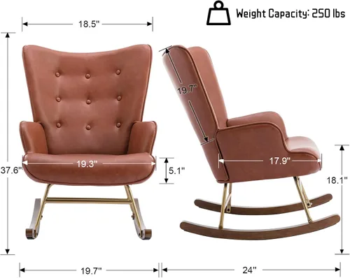 Vista 2 de Sillón mecedor de piel sintética, silla moderna de lectura para sala de estar, dormitorio, oficina, espacios pequeños, color marrón