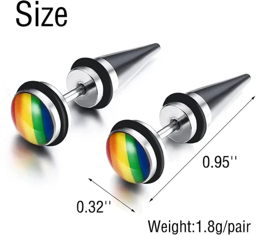 Vista 6 de Pendientes de tuerca de acero inoxidable 316L con orgullo gay lesbiano arco iris, triángulo redondo LGBT, aretes de tuerca de arco iris a la moda
