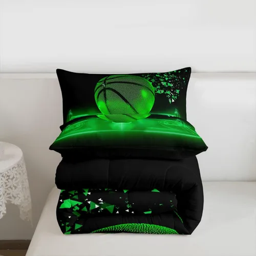 Vista 7 de Erosebridal Juego de edredón de baloncesto, tamaño individual, juego de ropa de cama deportiva de neón para niños, niñas, adolescentes, color verde