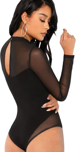 Vista 2 de Floerns Enterizo elástico de manga larga de malla transparente para mujer