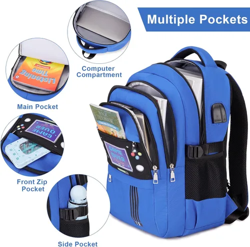 Vista 3 de Mochila para niños - Mochila para niños de jardín de infantes con lonchera Bento de 43 onzas, Pantalla de juego azul, Grande, Mochila