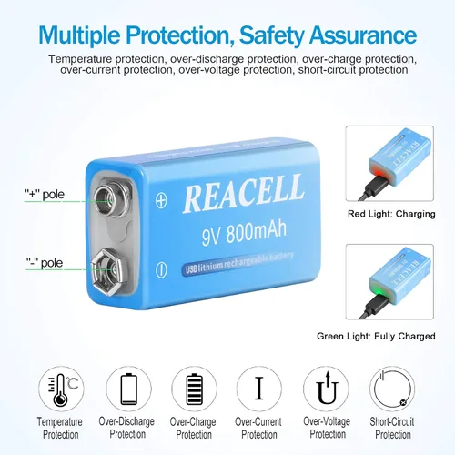 Vista 2 de Paquete de 2 baterías de litio recargables de 9 V, baterías de 9 voltios para detector de humo, carga USB de 800 mAh 9 V para micrófonos