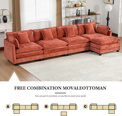 Vista 55 de Sofá seccional modular verde de 111.5", sofás seccionales grandes de 3 plazas para sala de estar, sofá nube oversized de tela chenille con otomana