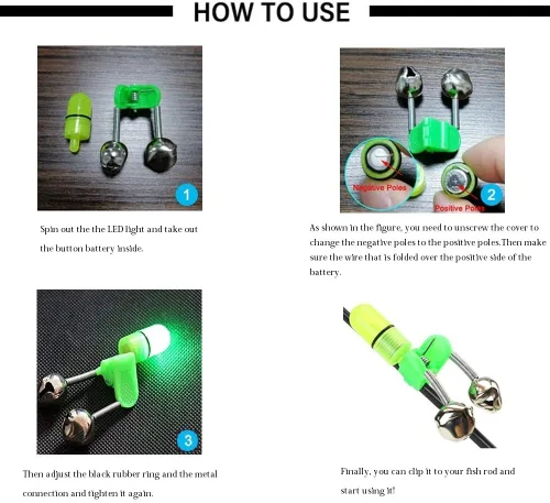Vista 6 de Campanas de pesca Clips con luz LED Night Sea Fishing Rod Clip de luz LED con campanas gemelas anillo indicador de alarma de mordedura de pesca