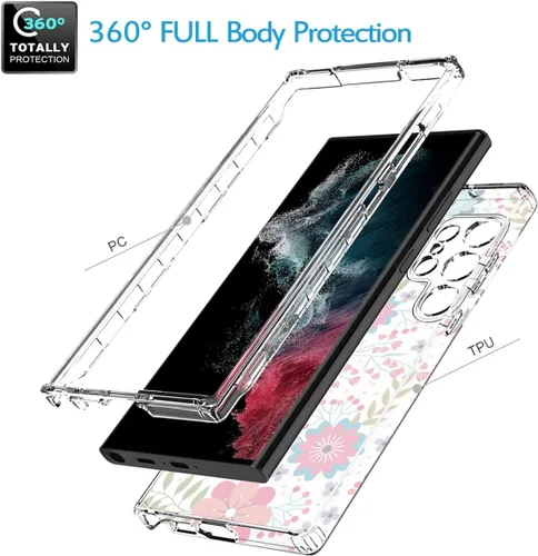 Vista 3 de Funda para Galaxy S23 Ultra, Samsung S23 Ultra S918U con protector de pantalla de vidrio templado, funda protectora de TPU transparente floral