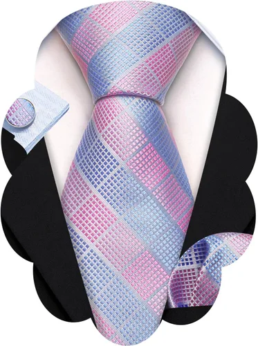 Vista 130 de Barry.Wang Juego de corbatas a cuadros para hombre con pañuelo gemelos de rayas clásicas