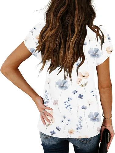 Vista 3 de Camisetas de manga corta con pétalos para mujer, cuello en V, con encaje, ajuste holgado