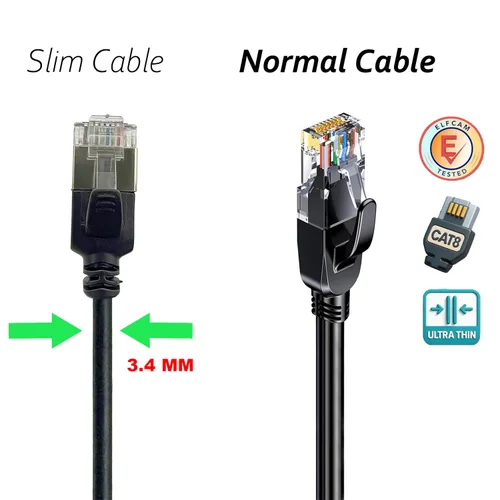 Vista 2 de Elfcam - Cable Ethernet Cat 8 delgado de 1.6 ft/1,64 pies, cable LAN WAN, Cat8 SFTP 32AWG, 2000Mhz 40Gbps con conectores RJ45, redondo negro (0,5M)