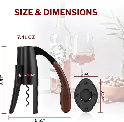 Vista 7 de Forge Sacacorchos de palanca vertical compacta de calidad con cortador de papel de aluminio. 3 segundos para abrir una botella de vino. Negro.