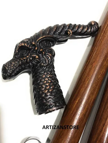 Vista 5 de Mango de madera con acabado de cobre con cabeza de dragón, bastón hecho a mano, el mejor regalo para Navidad, Año Nuevo