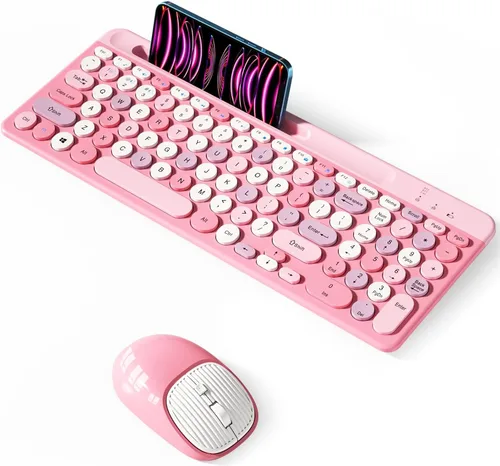 Vista 8 de Combo de Teclado y Ratón Bluetooth Inalámbrico, Juego de Teclado y Ratón Recargable Multidispositivo con Soporte para Teléfono