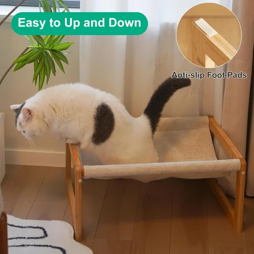 Vista 4 de kiplant Hamaca grande para gatos, hamaca elevada de madera de bambú para mascotas, 21 x 16.5 pulgadas, adecuada para gatitos, cachorros, conejos