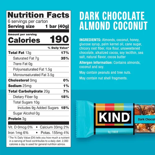 Vista 2 de KIND - Barras de nueces, chocolate oscuro, almendras y coco, de 1.4 onzas, libres de gluten, con bajo índice glucémico, 0.11 onzas de proteína, 60