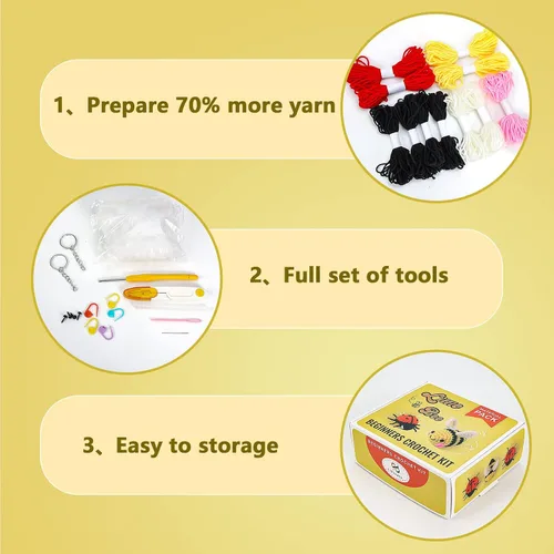 Vista 5 de PP OPOUNT Kit completo de ganchillo para principiantes, linda abeja y mariquita, paquete de inicio para adultos y niños, incluye instrucciones paso