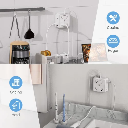 Vista 6 de Protector de sobretensiones Extensor de 8 salidas, TESSAN Divisor de múltiples enchufes con 3 cargadores de pared USB (1 USB C), tira