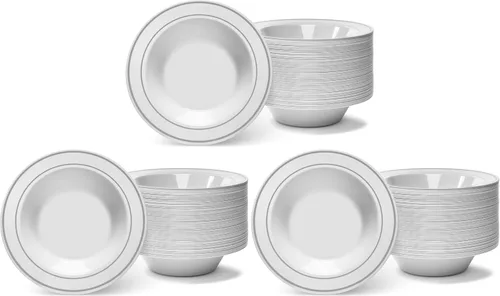 Vista 7 de Oasis Creations Cuencos de marfil con borde dorado, 5 onzas, 50 unidades, plástico duro, desechables o reutilizables, para postres, ensaladas
