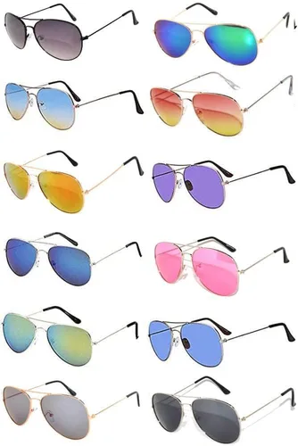 Vista 31 de OWL Paquete de 12 lentes de sol de aviador a granel de metal dorado, plateado, marco negro para hombres y mujeres, gafas de fiesta