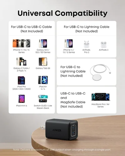 Vista 7 de Anker Nano Cargador USB C de 47W, Cargador GaN Compacto Plegable de 2 Puertos para iPhone 17/16, Galaxy, Pixel, Compatible con MagSafe (Negro)