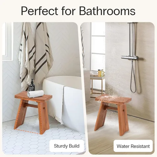Vista 6 de StrongTek Taburete de ducha de teca, banco de baño de madera de teca maciza preaceitada de 18 pulgadas para baño, spa y hogar, asiento ergonómico
