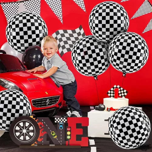 Vista 8 de KatchOn, Globos a cuadros blancos y negros de 22 pulgadas, paquete de 6, globos de carreras para decoraciones de cumpleaños emotivos, globos