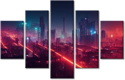 Vista 283 de Cuadros de 5 paneles de Cyberpunk City, arte de pared, representación de vallas publicitarias, edificios modernos en la capital con obras de arte